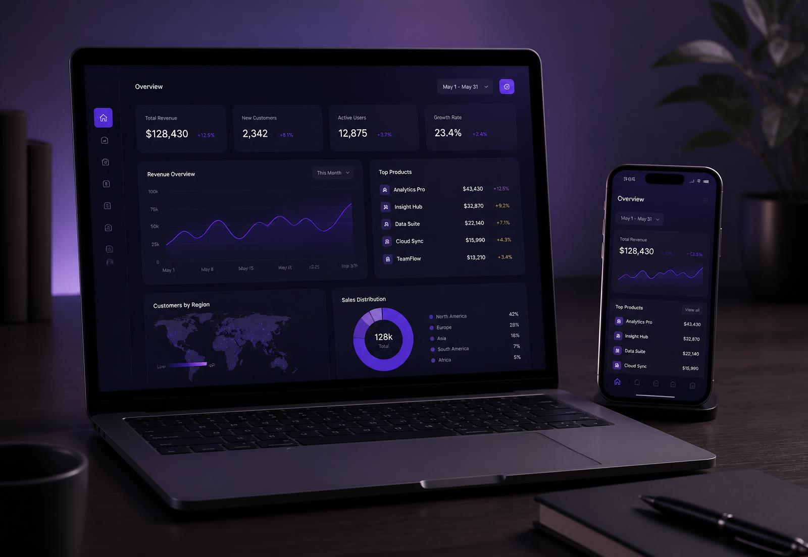 DSS IT Latvia — custom software shown on a MacBook and an iOS app